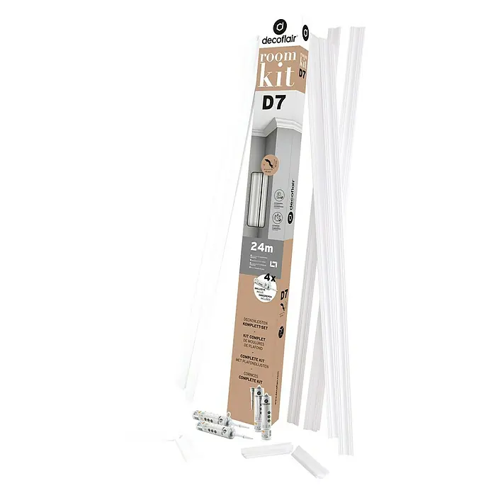 Nmc Decoflair Zierprofil-Set Roomkit mit Ecken und Kleber - Max. Anwendungslänge: 24 m, Extrudiertes Polystyrol (XPS) - Ein Set von Decoflair D7 Raumleisten mit Zubehör. Das Komplettset enthält alles für die Montage von Deckenleisten. Inklusive Klebstoff.