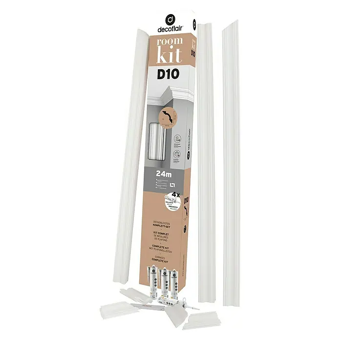 Nmc Decoflair Zierprofil-Set Roomkit D10 mit Ecken und Kleber - Max. Anwendungslänge: 24 m, Extrudiertes Polystyrol (XPS) - Decoflair Room Kit D10: Komplettes Set für stilvolle Deckenleisten, inklusive Kleber, für eine einfache und elegante Raumgestaltung.