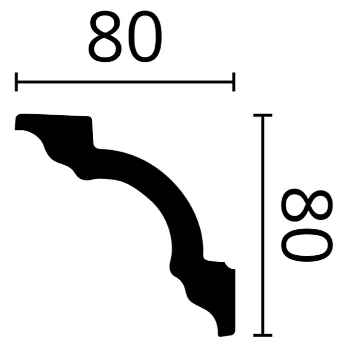 Nmc Decoflair Zierprofil Deckenleiste D10 - 2 m x 80 mm x 80 mm, Extrudiertes Polystyrol (XPS) - Abbildung eines schwarzen Zierleistenprofils mit den Maßen 80x80 mm auf einem weißen Hintergrund.