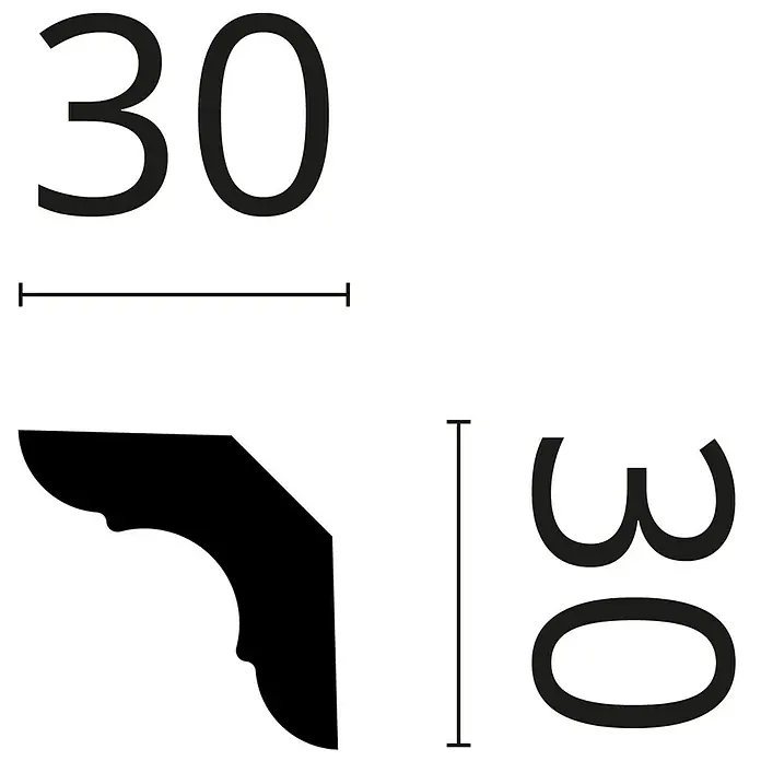 Nmc Decoflair Zierprofil Deckenleiste D21 - 2 Stk., 2 m x 30 mm x 30 mm, Extrudiertes Polystyrol (XPS) - Produktabbildung mit den Maßen 30 x 30. Ideal für Design- und Architekturanwendungen, die präzise Abmessungen erfordern.