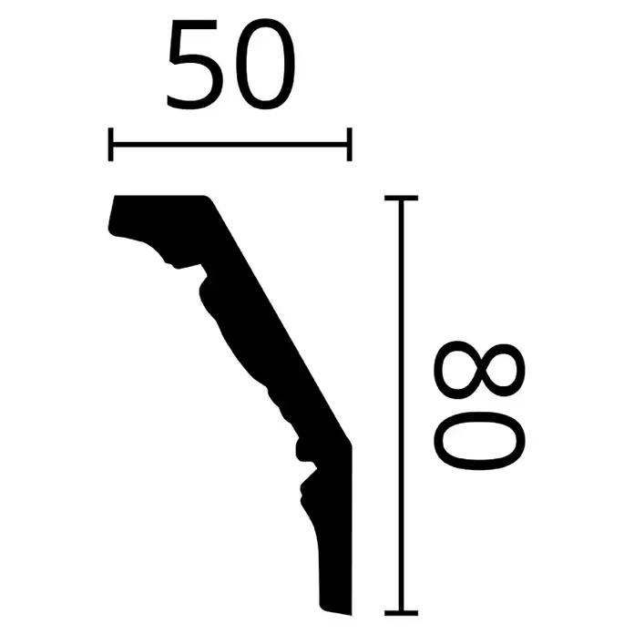 Nmc Decoflair Zierprofil Deckenleiste E25 - 2 m x 50 mm x 80 mm, Expandiertes Polystyrol (EPS) - Abbildung eines Zierprofils mit den Maßen 50 x 80. Dekoratives Element für Innenausbau, detailliertes Design und präzise Abmessungen.