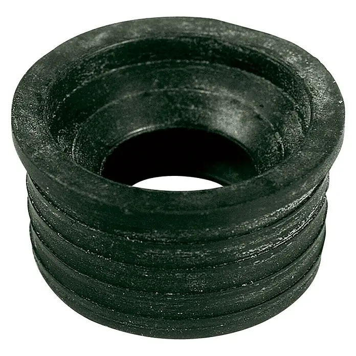 Junta de goma para unión de tubos M 40 - H 26/32 - 1 ud. - Primer plano de un adaptador de goma negro acanalado con una abertura centrada, diseñado para aplicaciones de fontanería.