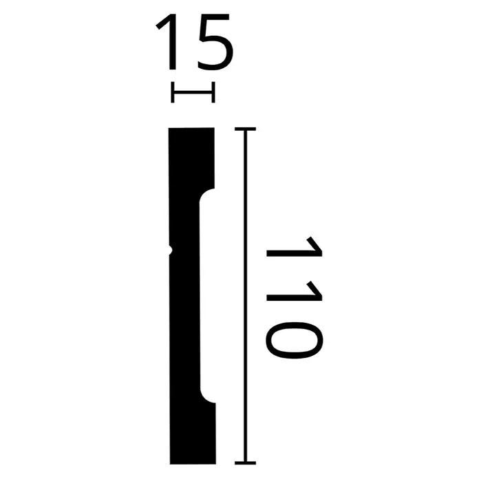 Nmc Decoflair Zierprofil Sockelleiste C12 - 2 m x 1,5 cm x 11 cm, Hochverdichtetes extrudiertes Polymer (HDPS) - Profilzeichnung eines Sockelleistenprofils mit den Maßen 15 mm Breite und 110 mm Höhe für Bau- und Renovierungsprojekte.