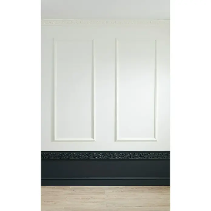 Nmc Decoflair Zierprofil CL1 - 2 x 39 cm, 2 x 59 cm, Hochverdichtetes extrudiertes Polymer (HDPS) - Elegante Wandverkleidung mit weißen Paneelen und dunkler Zierleiste, die dem Raum Struktur und Raffinesse verleihen. Perfekt für stilvolle Interieurs.