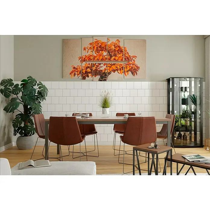 Wandfliese - 20 x 20 cm, Weiß, Matt - Ein elegantes Esszimmer mit einem Holztisch, braunen Stühlen und einem stilvollen Glasschrank, der eine moderne und gemütliche Atmosphäre schafft.