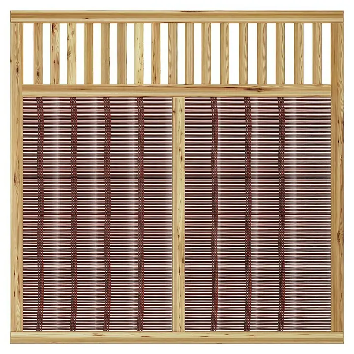 T & J Sichtschutzelement Vesuv - 180 x 180 cm, Braun - Eine Holzwand mit einem oberen Gitterbereich und einem unteren, blickdichten Bereich aus horizontalen, gewebten Elementen in Rotbraun.