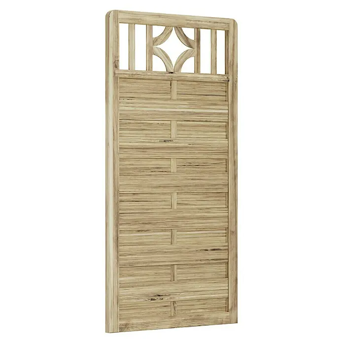 T & J Sichtschutzelement Antikzaun - B x H: 90 x 180 cm, Braun - Nahaufnahme eines detailreichen Holzbettkopfteils mit filigranem Flechtmuster und dekorativem, offenem Design im oberen Bereich.