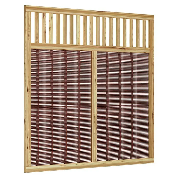 T & J Sichtschutzelement Vesuv - 180 x 180 cm, Braun - Ein dekoratives Sichtschutzpaneel mit Holzrahmen und roten geflochtenen Elementen, ideal für den Innenbereich.