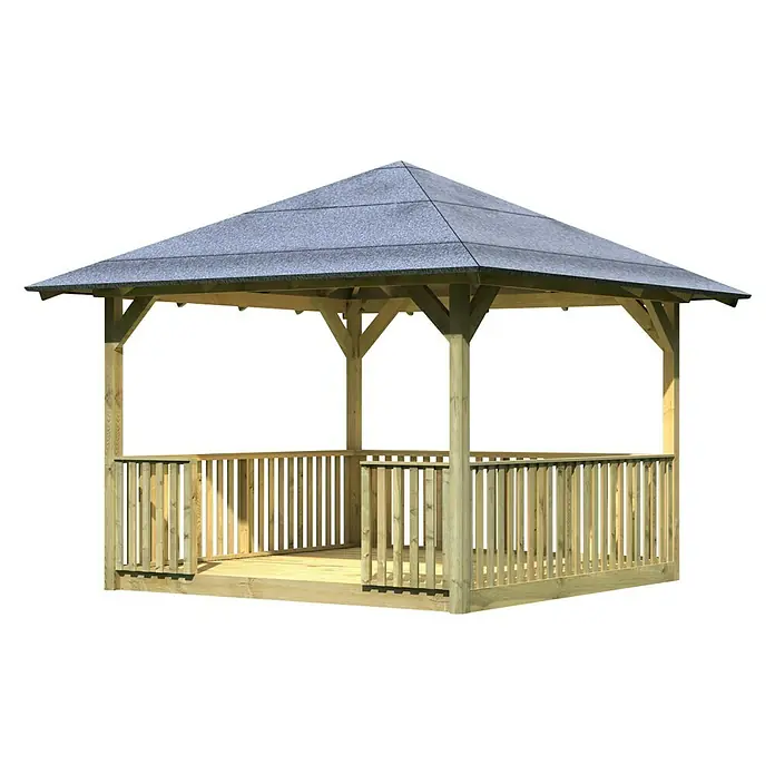 Karibu Pavillon Cordoba Set - 357 x 357 cm, Schwarz, Natur - Bild eines hölzernen Pavillons mit einem grauen Dach und einer umlaufenden Holzbalustrade.