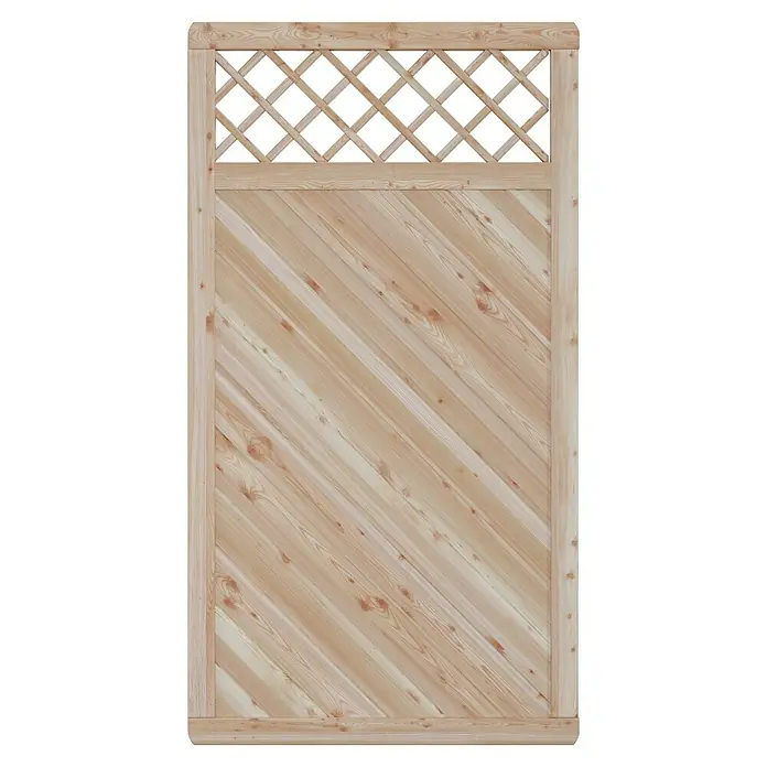 T & J Sichtschutzelement Classico - B x H: 90 x 180 cm, Natur - Eine Holzwand mit diagonalen Brettern und einem Gittereinsatz im oberen Bereich. Die Wand hat eine natürliche Holzfarbe und eine rechteckige Form.
