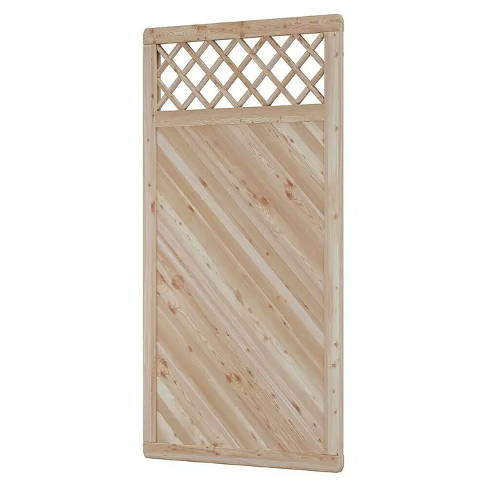 T & J Sichtschutzelement Classico - B x H: 90 x 180 cm, Natur - Holzzaun mit diagonaler Bretterstruktur und einem Lattenrost-Einsatz im oberen Bereich für Garten- oder Terrassengestaltung.