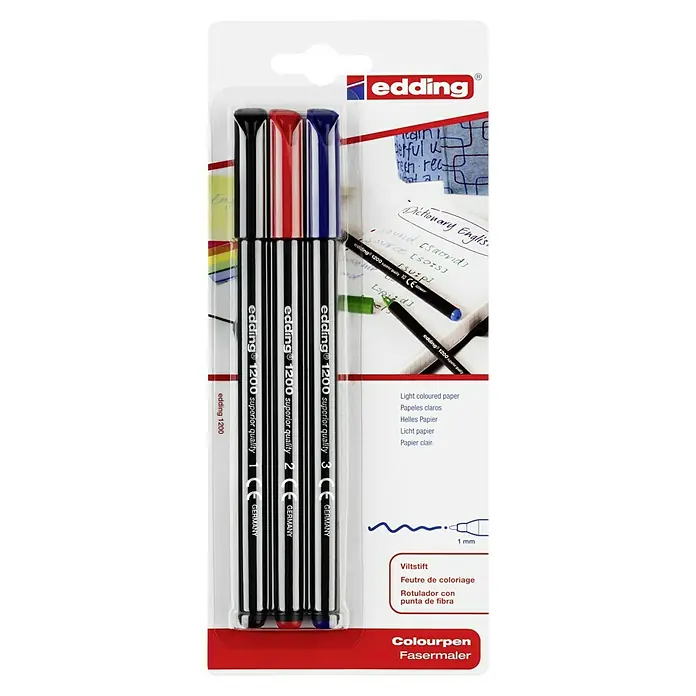 Edding Feinschreiber 1200 - Strichstärke: 1 mm, Schwarz/Rot/Blau - Packung mit drei Edding 1200 Farbstiften in Schwarz, Rot und Blau, ideal zum Schreiben und Malen auf hellem Papier.