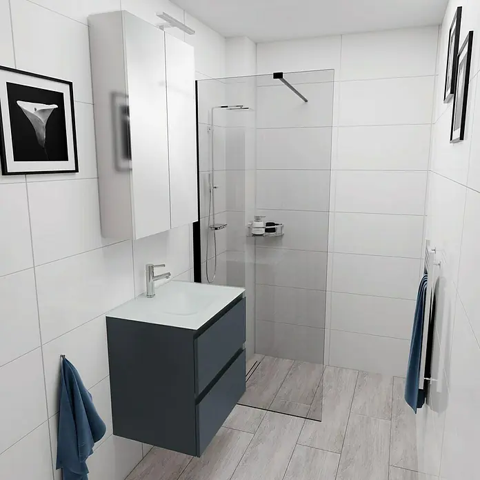Camargue Espacio Badmöbel-Set E23 - 60 cm, Gama anthrazit matt - Badezimmer-Szene mit einem modernen grauen Waschtischunterschrank mit Waschbecken und einem weißen Hängeschrank mit Spiegeltüren.