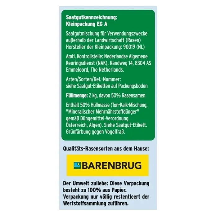 Substral Rasensamen Der Schattige - 1 kg, 50 m² - Rasensamen-Packung von Barenbrug mit Informationen zu Inhaltsstoffen, Hersteller und umweltfreundlicher Verpackung.