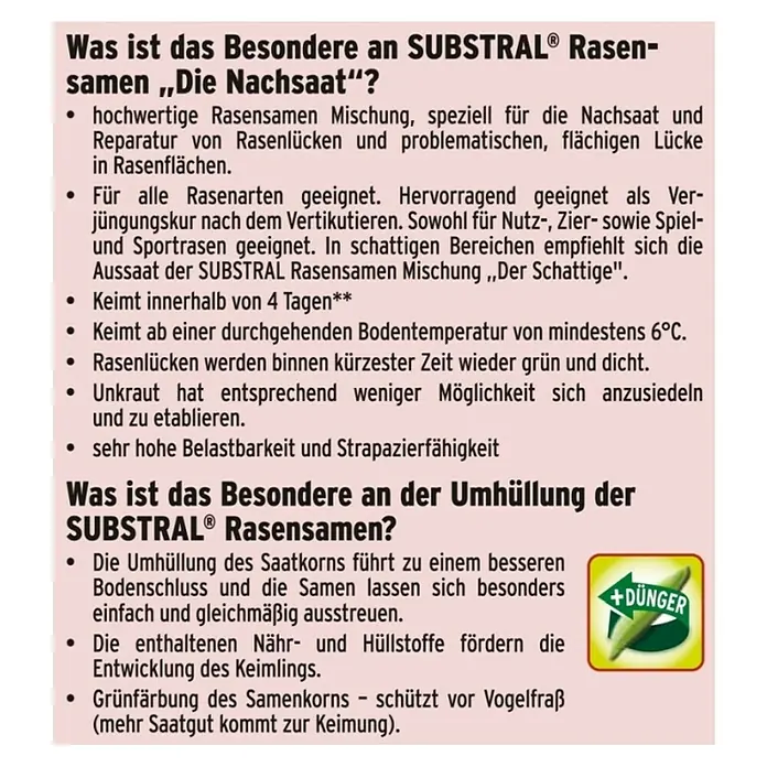 Substral Nachsaat-Rasen - 0,4 kg, 17 m² - 20 m² - SUBSTRAL® Rasensamen: Hochwertige Mischung für Nachsaat & Reparatur, keimt schnell, geeignet für alle Rasenarten, mit Umhüllung für besseren Bodenschluss.