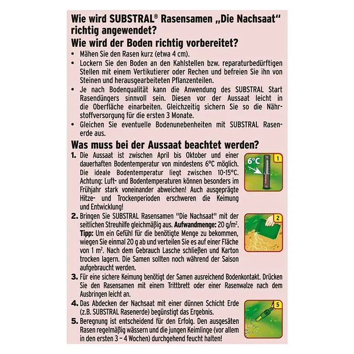 Substral Nachsaat-Rasen - 0,4 kg, 17 m² - 20 m² - SUBSTRAL® Rasensamen "Die Nachsaat" richtig angewendet. Für einen gesunden, dichten Rasen mit optimaler Keimung.