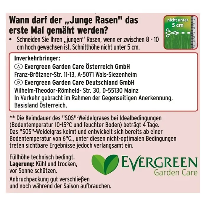 Substral Nachsaat-Rasen - 0,4 kg, 17 m² - 20 m² - Produktetikett von Evergreen Garden Care mit Anweisungen zum ersten Mal Mähen von jungem Rasen und Lagerung.