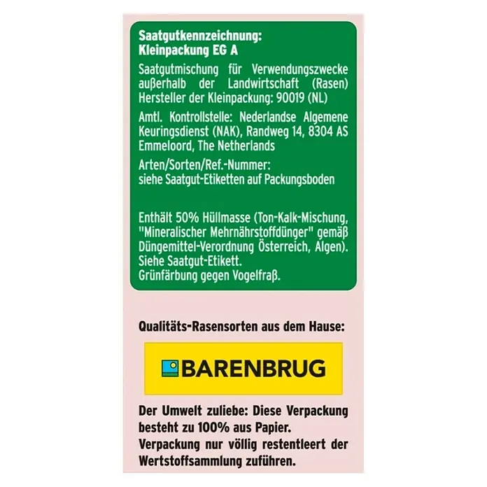 Substral Nachsaat-Rasen - 0,4 kg, 17 m² - 20 m² - Rasensamenpackung von Barenbrug mit Informationen zu Saatgutkennzeichnung, Inhaltsstoffen und umweltfreundlicher Verpackung.