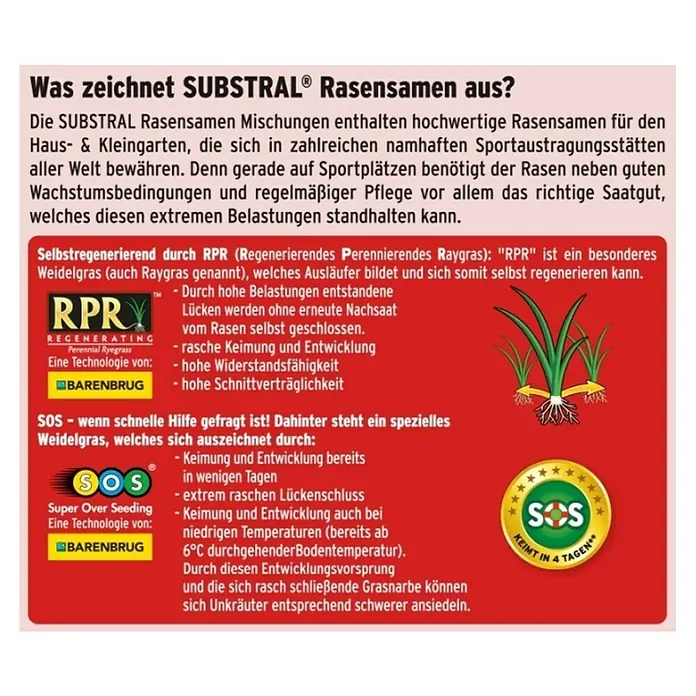 Substral Nachsaat-Rasen - 2 kg, 100 m² - SUBSTRAL® Rasensamen: Hochwertige Mischung für Haus- & Kleingärten, ideal für Sportplätze. Selbstregeneration dank RPR, schnelle Hilfe durch SOS!