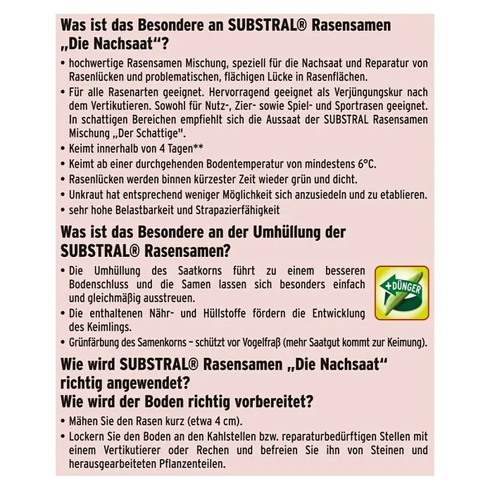 Substral Nachsaat-Rasen - 2 kg, 100 m² - Informationstext für SUBSTRAL® Rasensamen „Die Nachsaat", einer hochwertigen Rasensamenmischung zur Rasenreparatur mit Dünger.