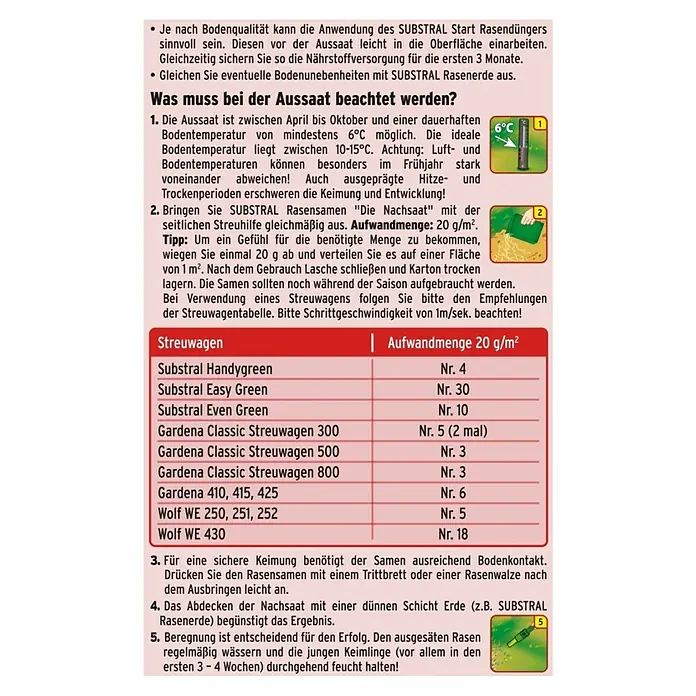 Substral Nachsaat-Rasen - 2 kg, 100 m² - Substral Rasensamen Anleitung: Richtige Aussaatzeit, Aufwandmenge & Bewässerung für optimales Wachstum Ihres Rasens.