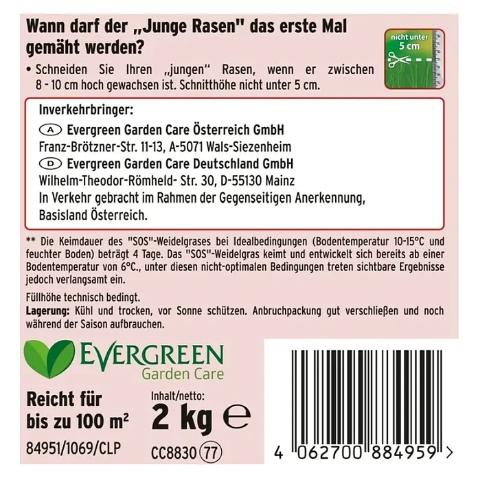 Substral Nachsaat-Rasen - 2 kg, 100 m² - Evergreen Garden Care Rasensamen-Verpackung mit Hinweisen zum ersten Mähen und zur Lagerung.