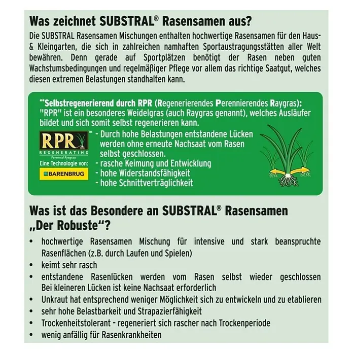 Substral Rasensamen Der Robuste - 2 kg, Saatgut ausreichend für: 100 m² - SUBSTRAL® Rasensamen: Hochwertige Mischung für strapazierfähige Rasenflächen, schnell keimend und selbstregenerierend mit RPR-Technologie.