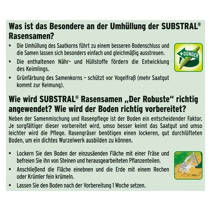 Substral Rasensamen Der Robuste - 2 kg, Saatgut ausreichend für: 100 m² - SUBSTRAL Rasensamen: Umhüllung für besseren Bodenschluss, einfaches Ausstreuen, Nährstoffe für Keimlingsentwicklung und Grünfärbung gegen Vogelfraß.