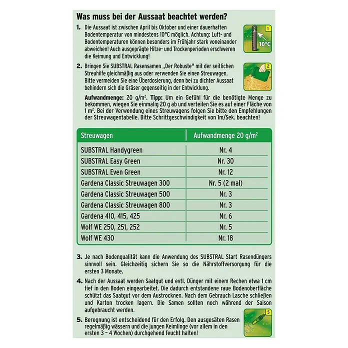Substral Rasensamen Der Robuste - 2 kg, Saatgut ausreichend für: 100 m² - Informationen zur Rasenaussaat, einschließlich Bodentemperaturanforderungen, Streuanleitung und Bewässerungstipps für erfolgreiches Wachstum.