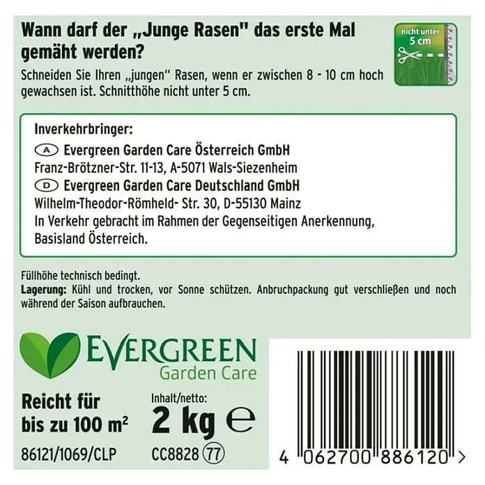 Substral Rasensamen Der Robuste - 2 kg, Saatgut ausreichend für: 100 m² - Produktverpackung von Evergreen Garden Care Rasensamen, die Anweisungen und Inhaltsstoffe enthält.