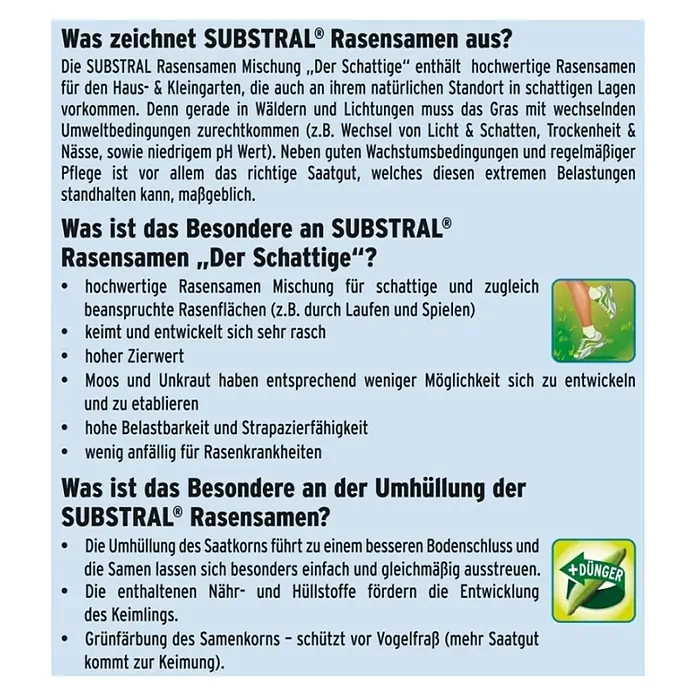 Substral Rasensamen Der Schattige - 1 kg, 50 m² - SUBSTRAL® Rasensamen: Mischung für schattige Lagen mit hochwertigen Rasensamen, die auch unter extremen Bedingungen standhalten.