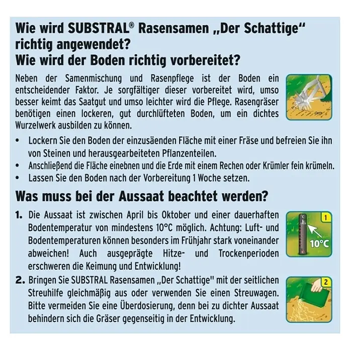 Substral Rasensamen Der Schattige - 1 kg, 50 m² - SUBSTRAL Rasensamen "Der Schattige": Anleitung zur richtigen Anwendung und Bodenvorbereitung für optimales Wachstum.
