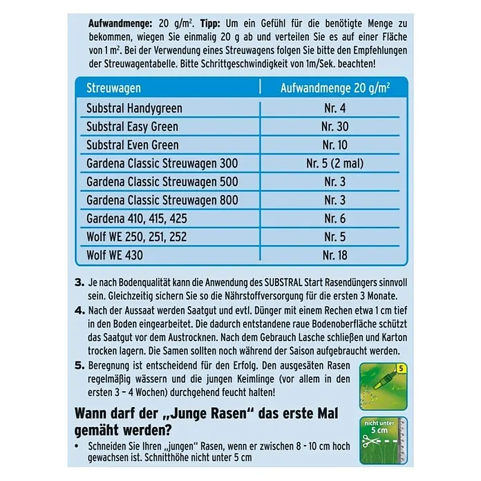 Substral Rasensamen Der Schattige - 1 kg, 50 m² - Tabelle zur richtigen Anwendung des Streuwagens, mit Angaben zur Aufwandmenge von Rasendünger pro Quadratmeter.