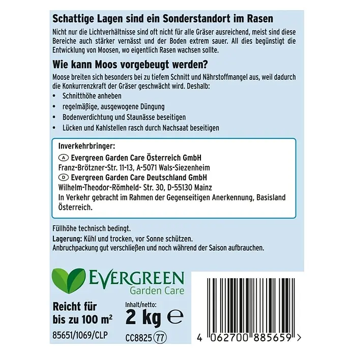 Substral Rasensamen Der Schattige - 1 kg, 50 m² - Evergreen Garden Care Rasensamen-Packung mit Hinweisen zur Moosvermeidung, Inhaltsangabe und Barcode.