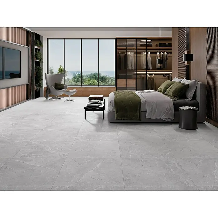 Feinsteinzeugfliese Tibet - 119,8 x 59,8 cm, Weiß/Grau, Matt - Elegantes Schlafzimmer mit grauem Marmorboden, der dem Raum eine luxuriöse und moderne Atmosphäre verleiht. Stilvolle Einrichtung ergänzt das hochwertige Bodendesign.