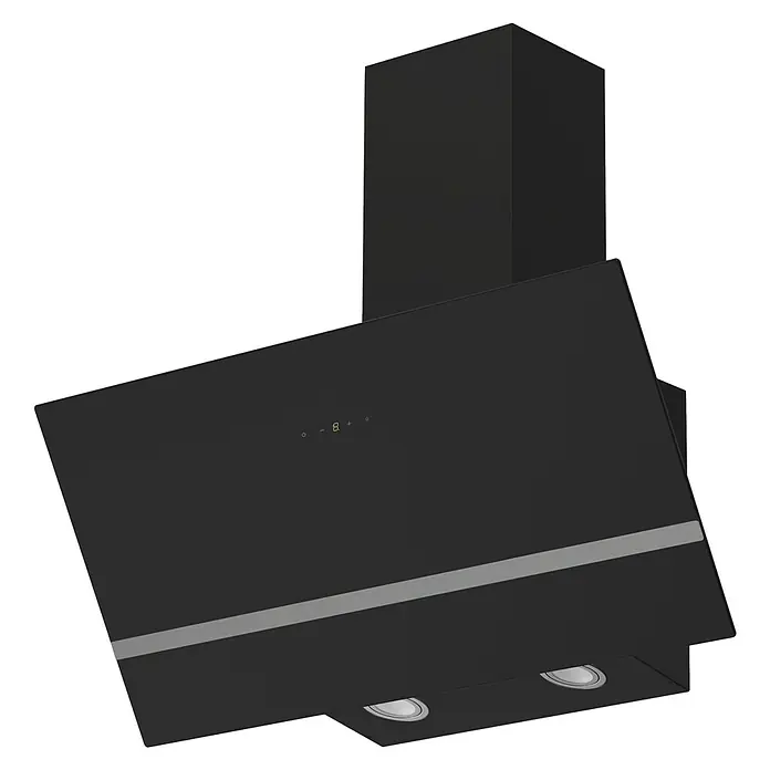 Respekta Schräghaube Hera - Breite: 79,5 cm, Max. Gebläseleistung Abluftbetrieb: 587 m³/h, Schwarz - Schwarze Dunstabzugshaube mit silbernen Akzenten und zwei Lichtern, die eine moderne Küchenausstattung ergänzt.