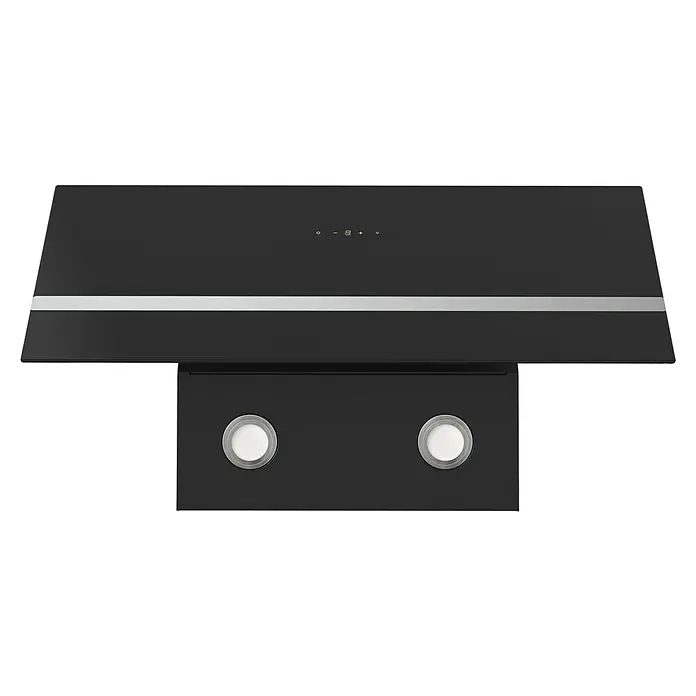 Respekta Schräghaube Hera - Breite: 79,5 cm, Max. Gebläseleistung Abluftbetrieb: 587 m³/h, Schwarz - Nahaufnahme einer eleganten, schwarzen Dunstabzugshaube mit silbernem Akzentband und zwei runden Leuchten.