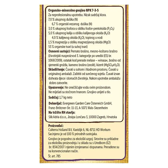 Substral Naturen Rhododendrondünger - 1,7 kg, Passend für: 34 Pflanzen - Etikett des Organo-Mineralischen Düngers NPK 7-3-5 mit Zusammensetzung, Inhaltsstoffen, Anwendungshinweisen und Herstellerangaben.