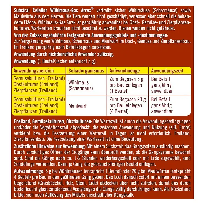 Substral Celaflor Wühlmausgas Arrex - 50 Stk., 5 g - Bild von Substral Celaflor Wühlmaus-Gas Arrex, ein Mittel zur Vertreibung von Wühlmäusen und Maulwürfen im Garten.