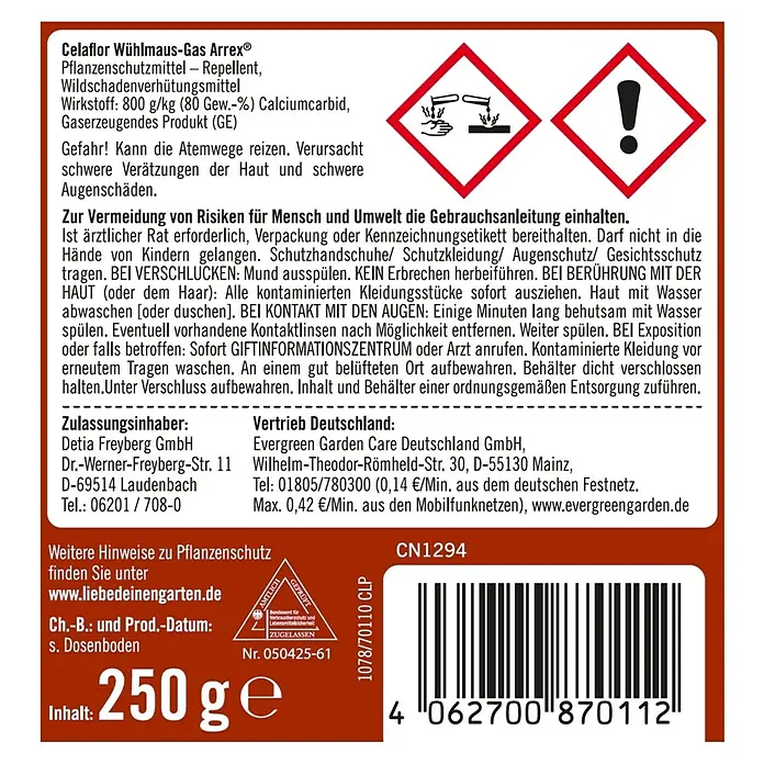 Substral Celaflor Wühlmausgas Arrex - 50 Stk., 5 g - Etikett von Celaflor Wühlmaus-Gas Arrex® Pflanzenschutzmittel, das Informationen zu Inhaltsstoffen, Gefahrenhinweisen und Anweisungen enthält.
