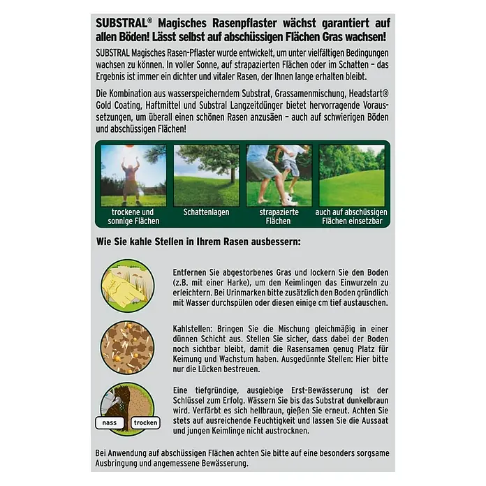 Substral Rasen-Reparatur - 3,6 kg, 16 m² - SUBSTRAL® Magisches Rasenpflaster Produktbild. Das Rasenpflaster garantiert Wachstum auf allen Böden, selbst auf abschüssigen Flächen!