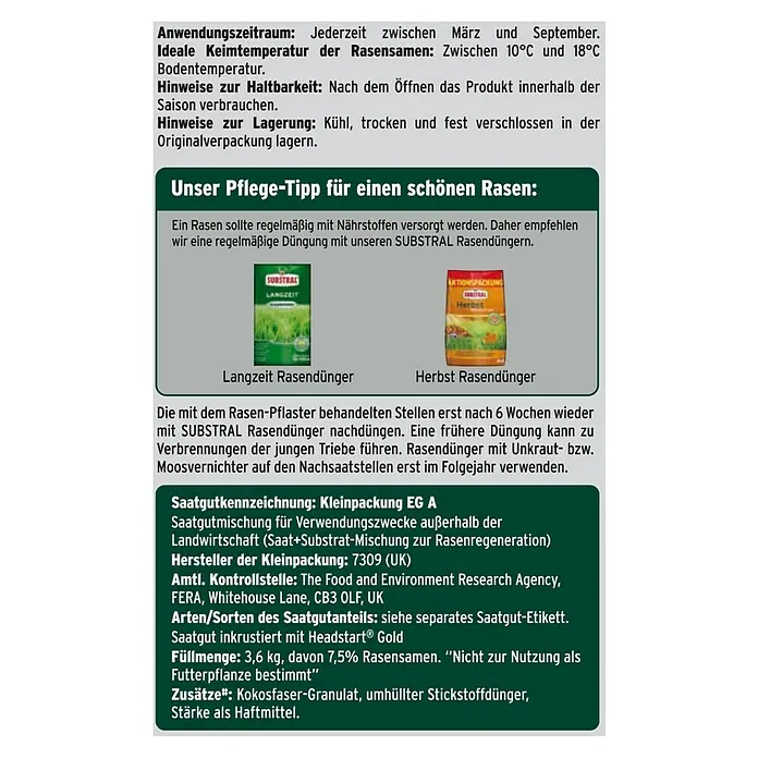 Substral Rasen-Reparatur - 3,6 kg, 16 m² - Informationstafel für SUBSTRAL Rasenprodukte.