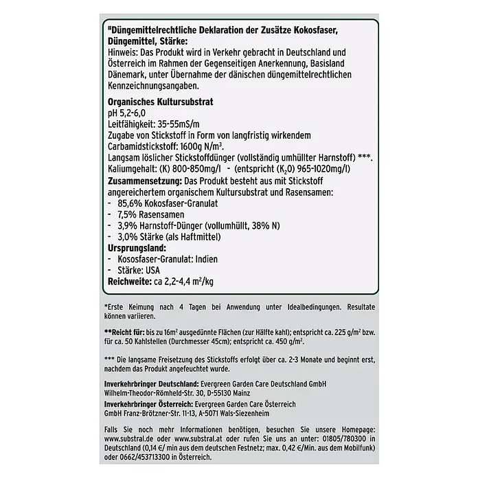 Substral Rasen-Reparatur - 3,6 kg, 16 m² - Produktinformationen: Zusammensetzung, Ursprungsland und Reichweite des organischen Kultursubstrats mit Kokosfaser, Dünger und Stärke.