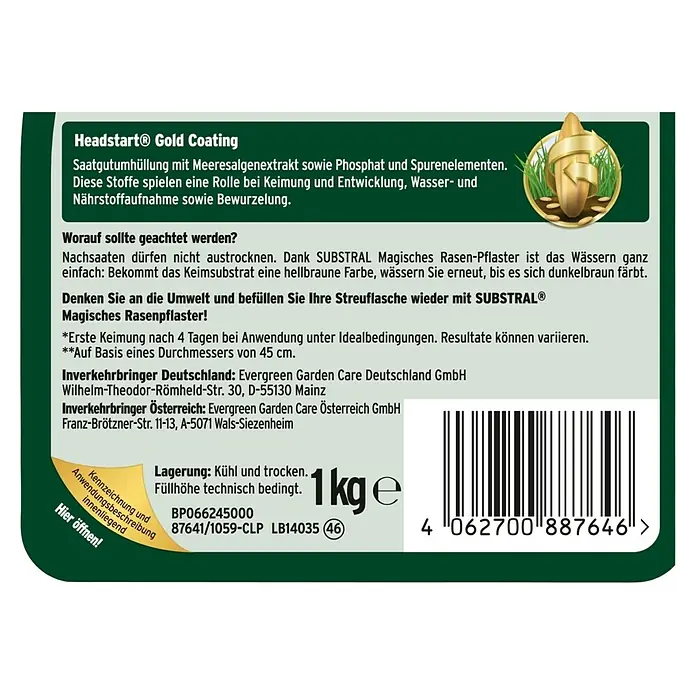 Substral Rasen-Reparatur - 1 kg, 5 m² - Detailansicht der SUBSTRAL Magisches Rasen-Pflaster-Verpackung, die Informationen zu Headstart® Gold Coating und Anwendungshinweise bietet.