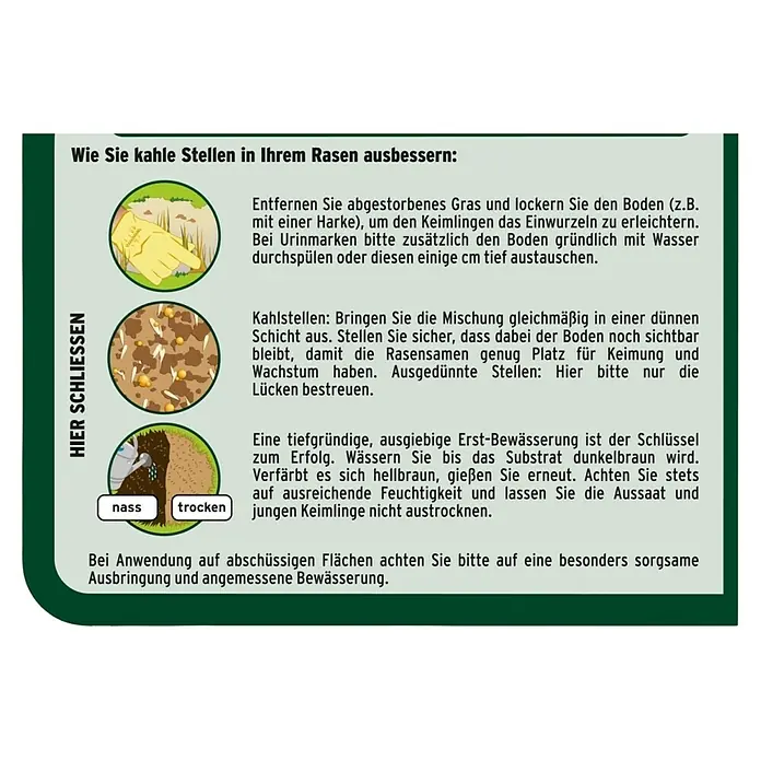 Substral Rasen-Reparatur - 1 kg, 5 m² - Anleitung zur Rasenreparatur: abgestorbenes Gras entfernen, Boden lockern, bewässern und kahle Stellen mit Rasensamen ausbessern.