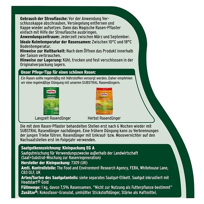 Substral Rasen-Reparatur - 1 kg, 5 m² - Produktbild des Magische Rasen-Pflaster, ein Saatgutmischung zur Rasenregeneration. Enthält Kokosfaser-Granulat, Stickstoffdünger und Stärke.