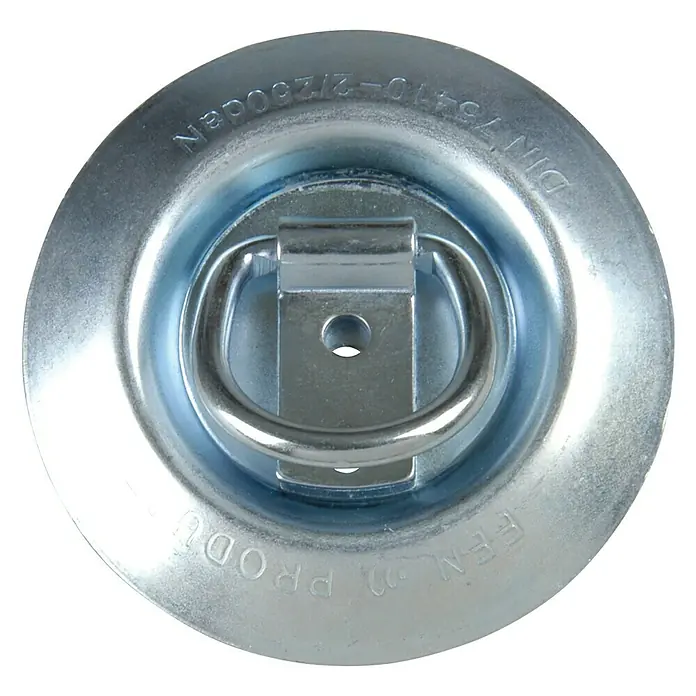 UniTEC Zurrmulde Basic - Durchmesser: 97 mm, Belastbarkeit: 250 kg, Aluminium, Verzinkt - Das Bild zeigt eine runde, versenkte Zurröse aus Metall, die in einer glänzenden Oberfläche ausgeführt ist und zur Ladungssicherung dient.