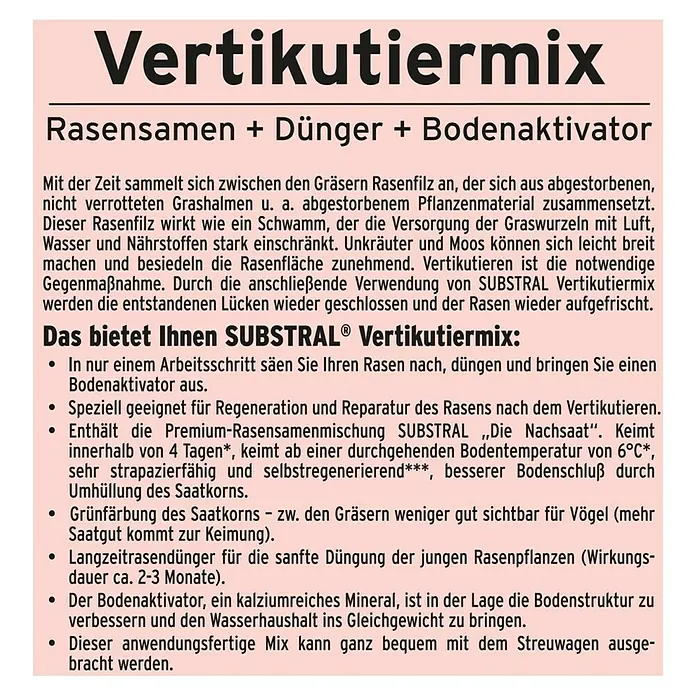 Substral Vertikutier-Mix - 4 kg, 133 m² - Bild eines Produkts namens Vertikutiermix, eine Mischung aus Rasensamen, Dünger und Bodenaktivator für die Rasenpflege.