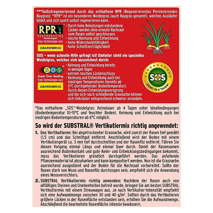 Substral Vertikutier-Mix - 4 kg, 133 m² - Substral Vertikutiermix Werbung. Das Produkt ermöglicht eine einfache Rasenpflege mit schneller Keimung und Regeneration.