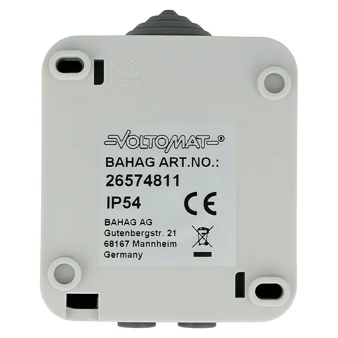Voltomat Blueline Sensor-Schalter - Grau, Matt, 1-fach, Ausrichtung Schalterprogramm: Horizontal, Aufputzmontage, Schutzart: IP54 - Das VOLTOMAT-Gerät ist mit der Artikelnummer 26574811, IP54-Schutzklasse und CE-Kennzeichnung versehen. Hersteller ist BAHAG AG in Mannheim.